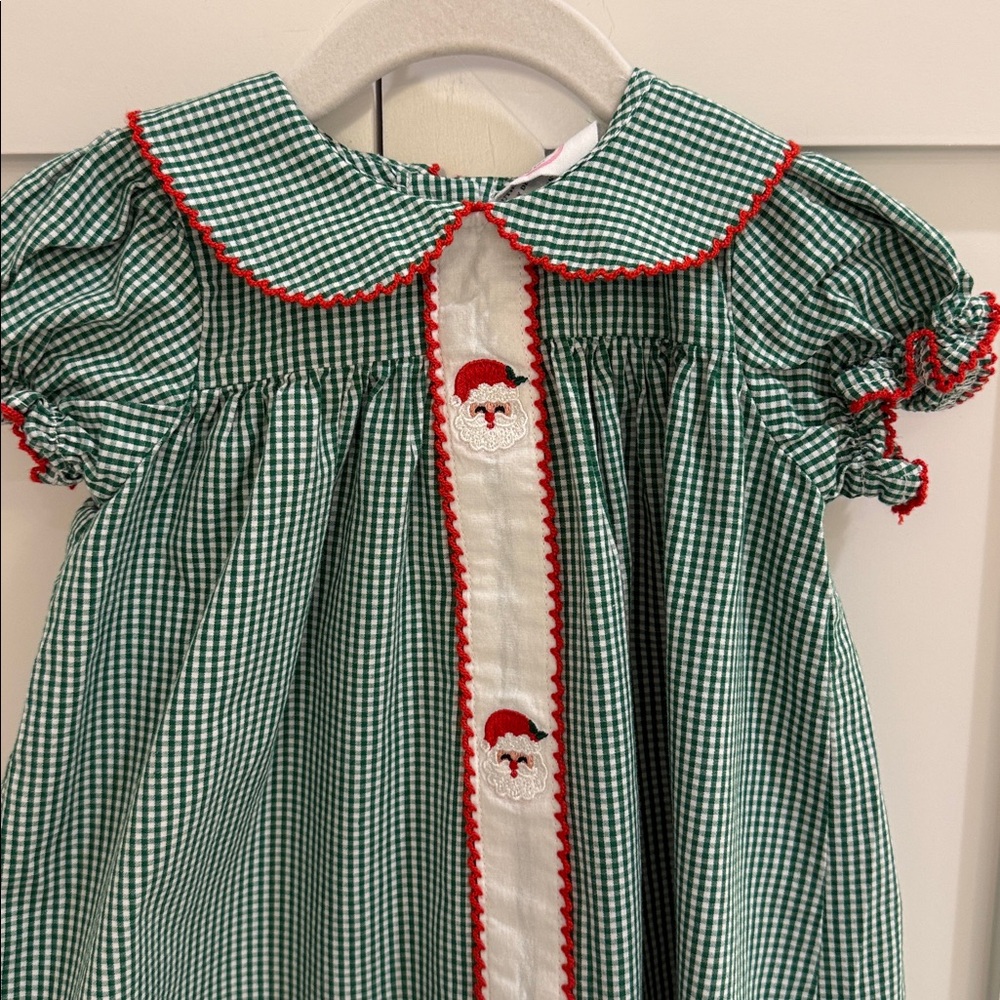 Southern Smocked Company Green/White Gingham Dress with Red Trim & Santa Detail - Picture 2 of 4